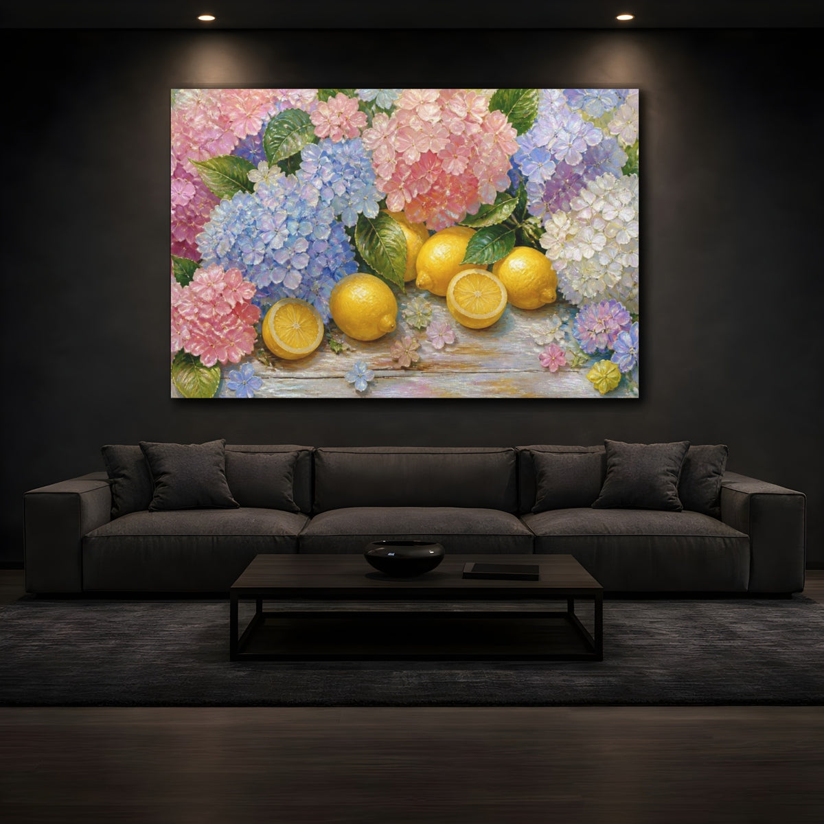 Mockup 3. Hydrangeas And Lemons shown as canvas print