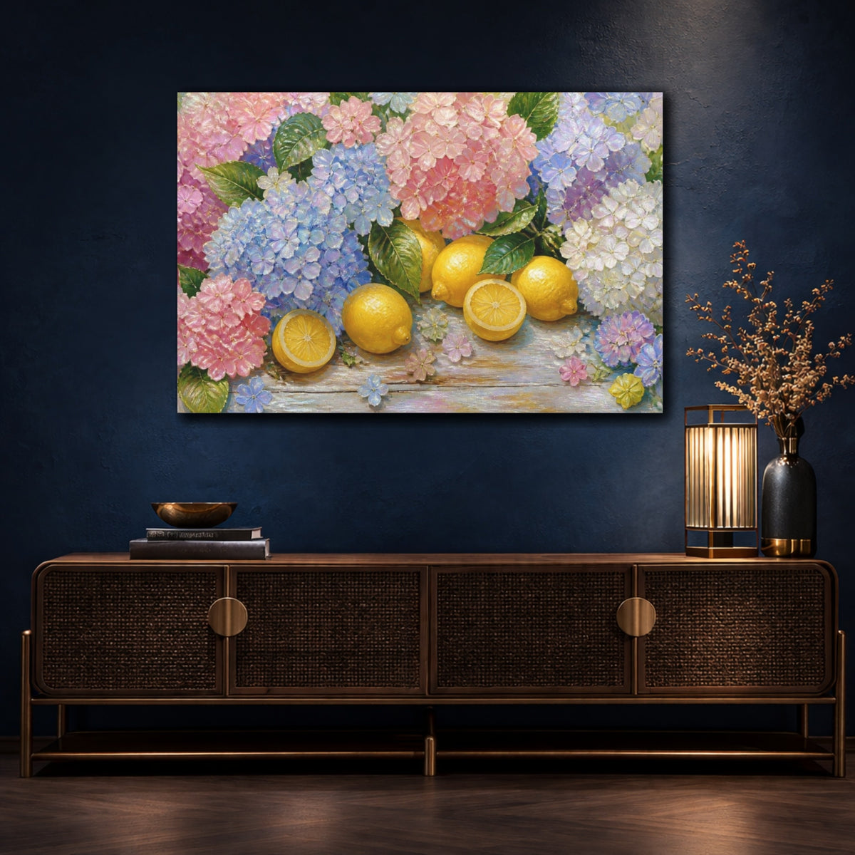 Mockup 4. Hydrangeas And Lemons shown as canvas print