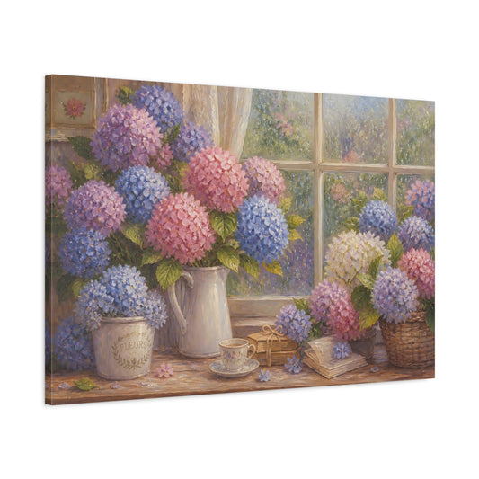 Main Mockup. Hydrangeas By Rainy Window shown as canvas print