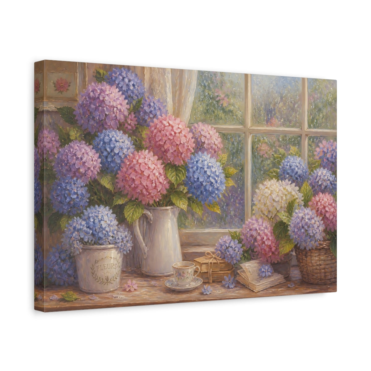 Side Mockup 4. Hydrangeas By Rainy Window shown as canvas print