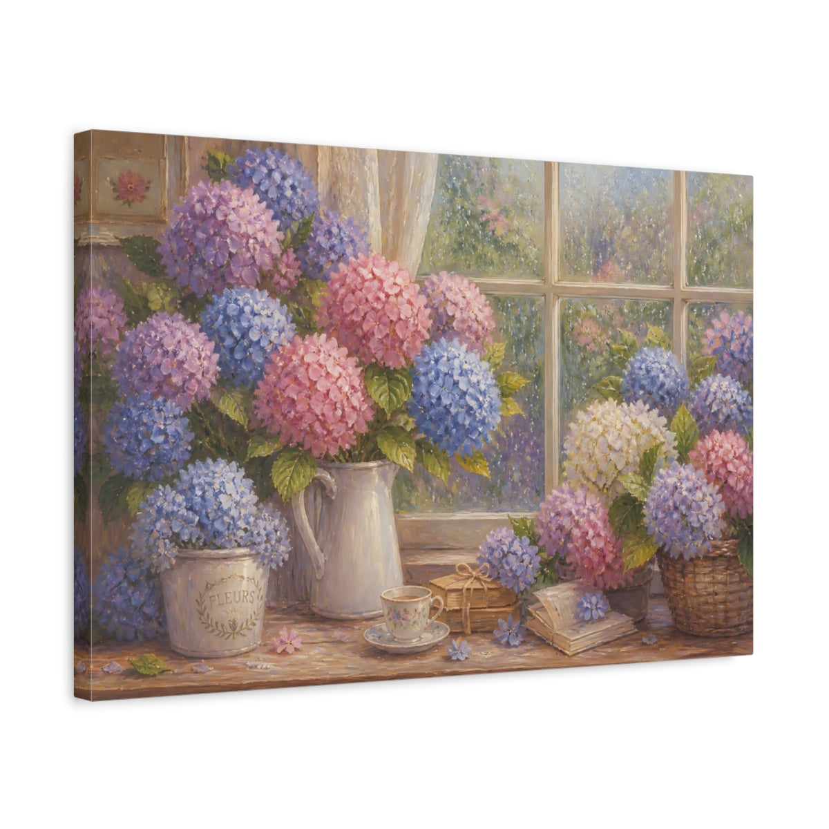 Side Mockup 3. Hydrangeas By Rainy Window shown as canvas print