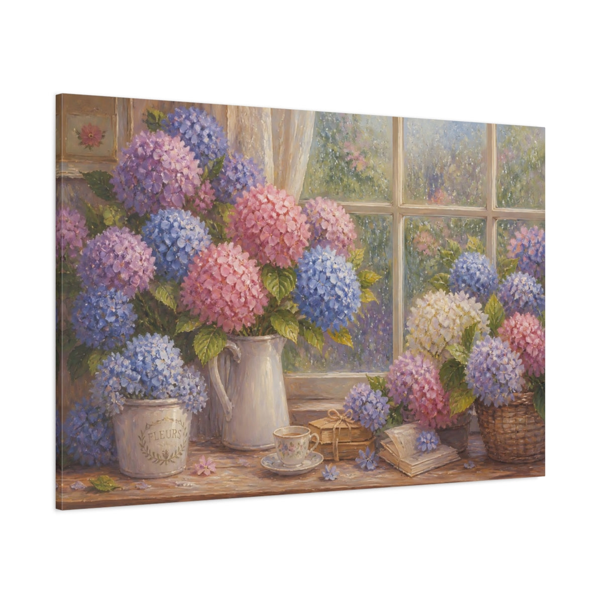 Side Mockup 1. Hydrangeas By Rainy Window shown as canvas print