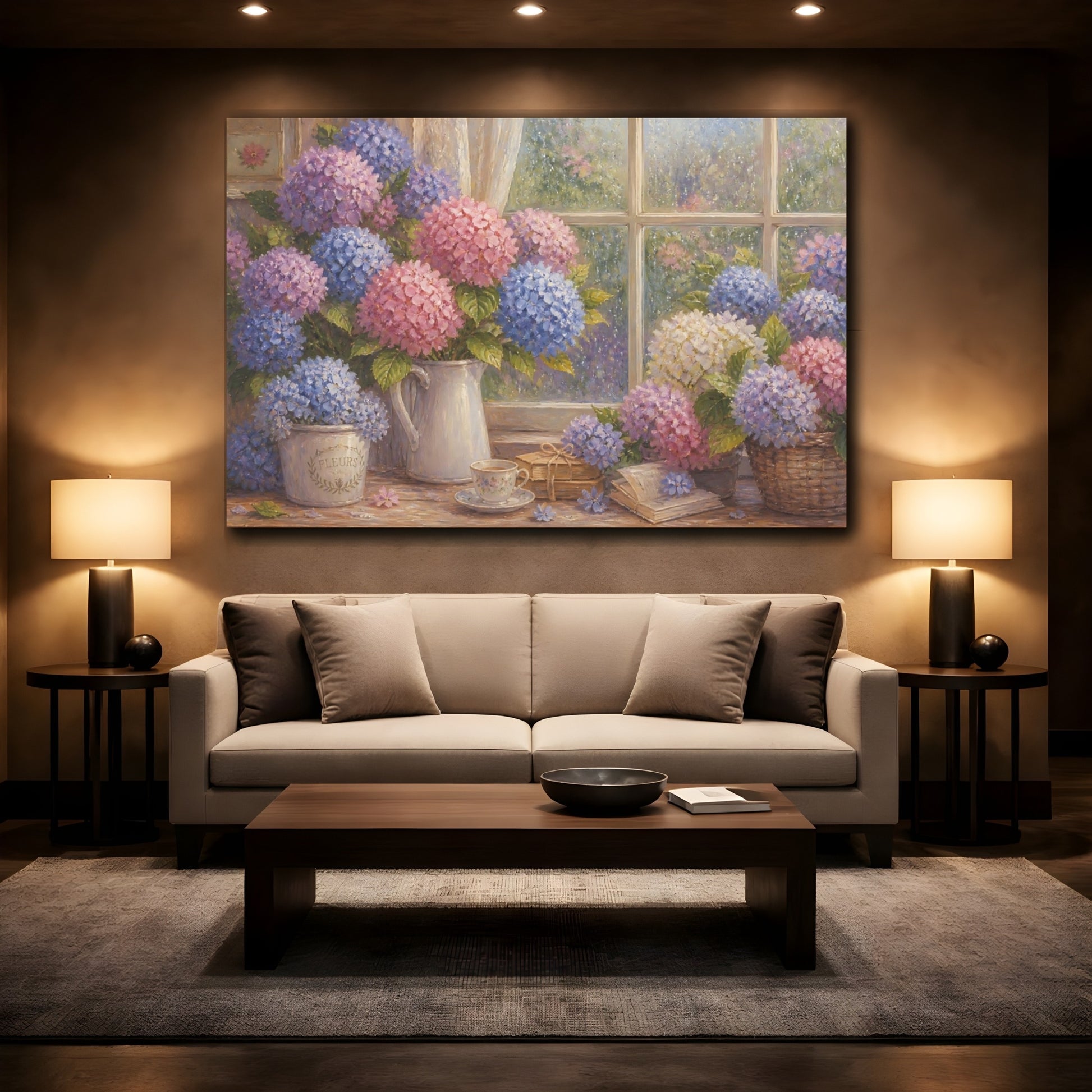 Mockup 2. Hydrangeas By Rainy Window shown as canvas print