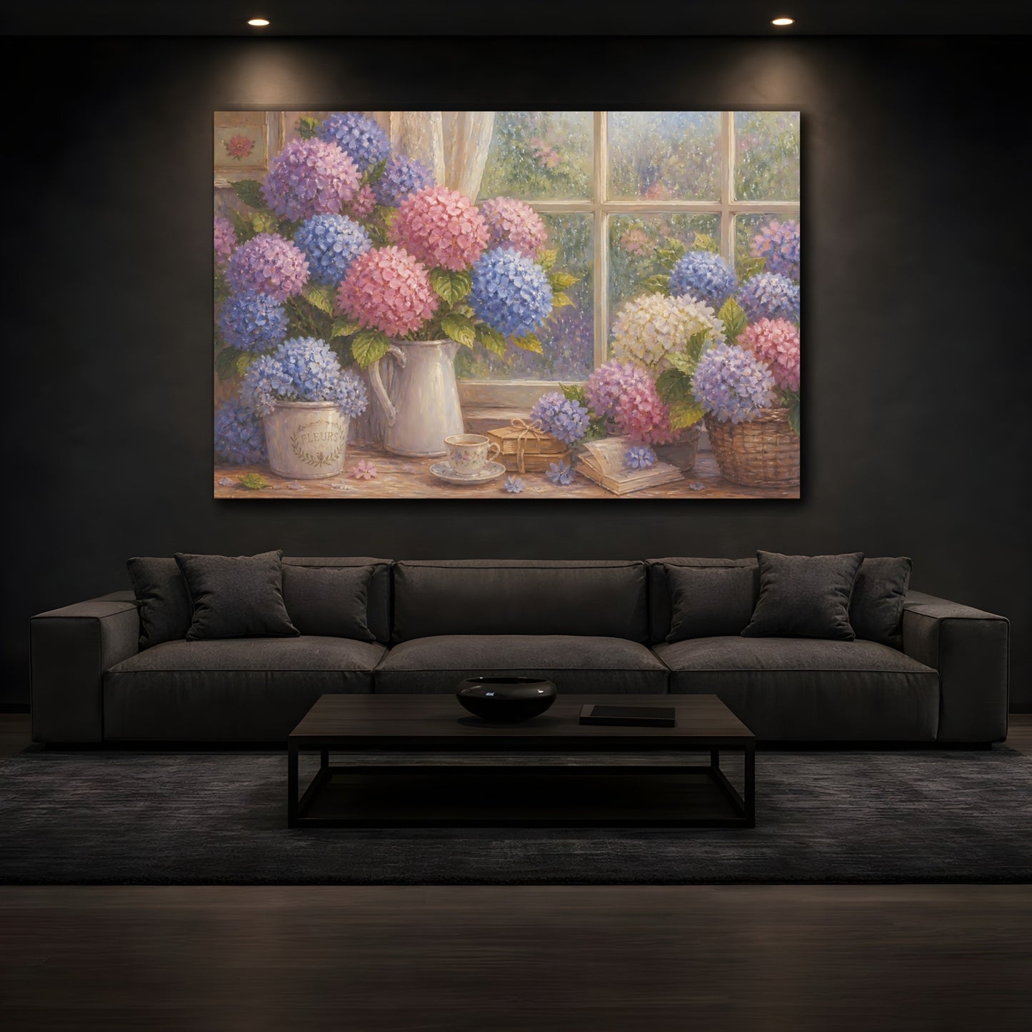 Mockup 3. Hydrangeas By Rainy Window shown as canvas print
