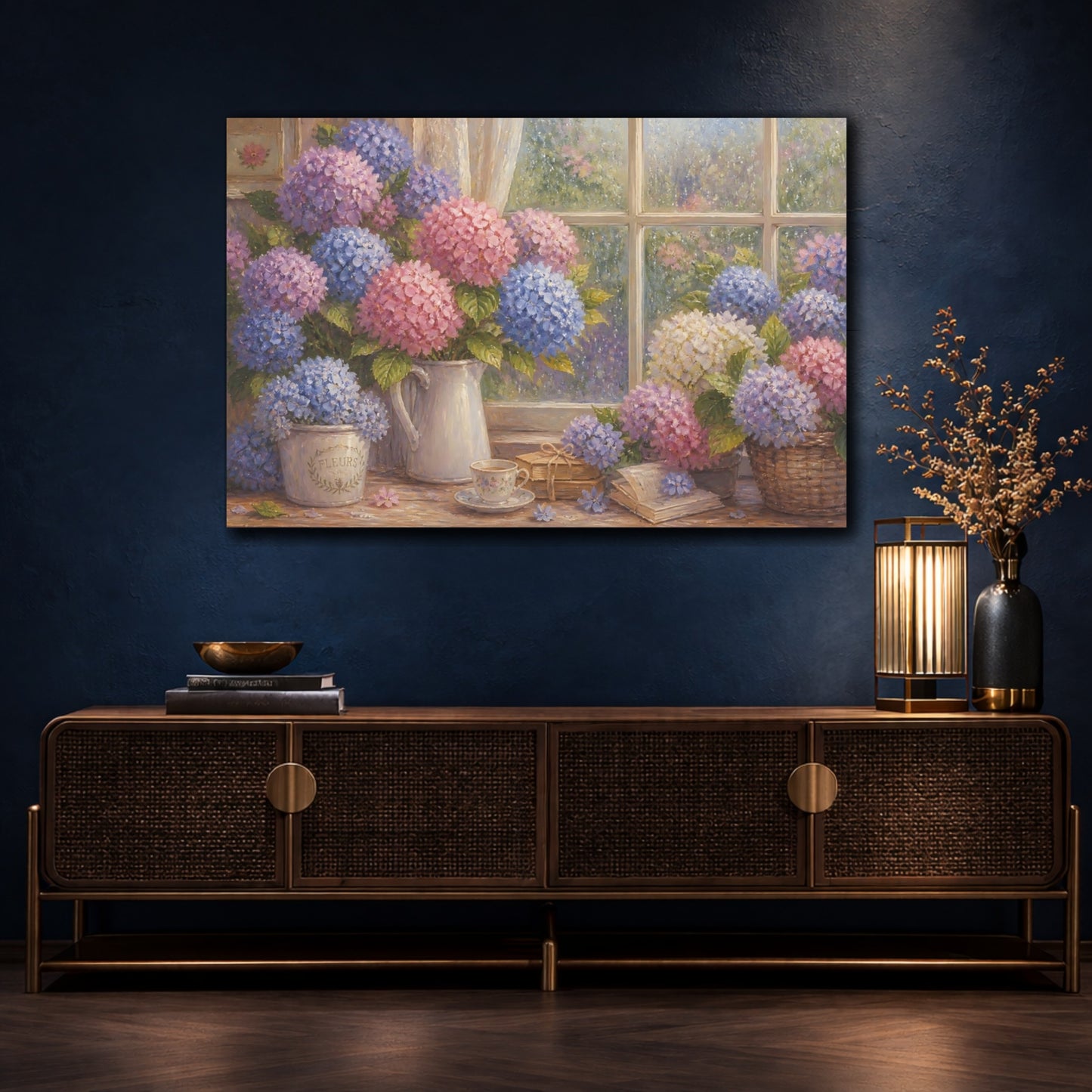 Mockup 4. Hydrangeas By Rainy Window shown as canvas print