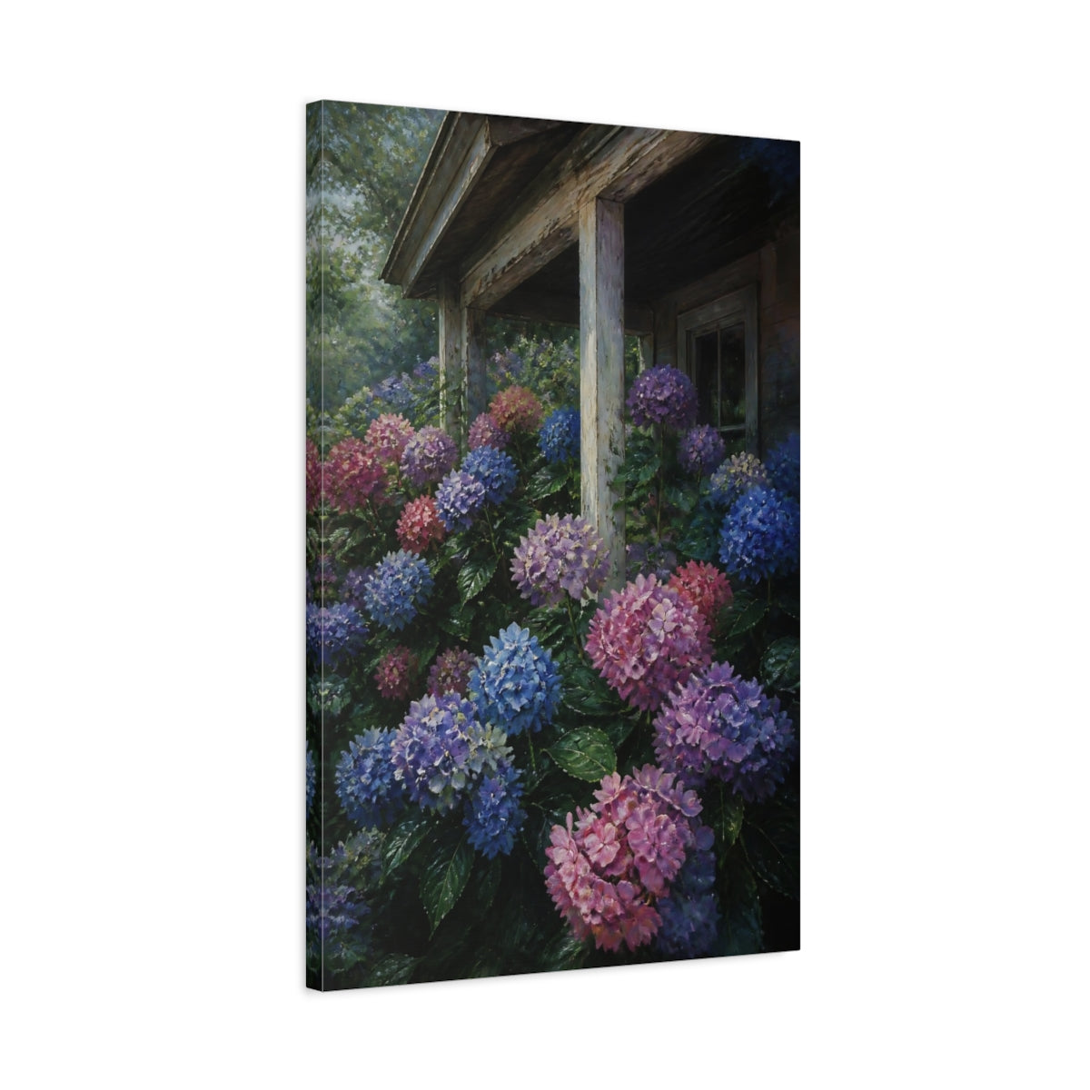 Side Mockup 2. Hydrangeas By Rustic Porch shown as canvas print