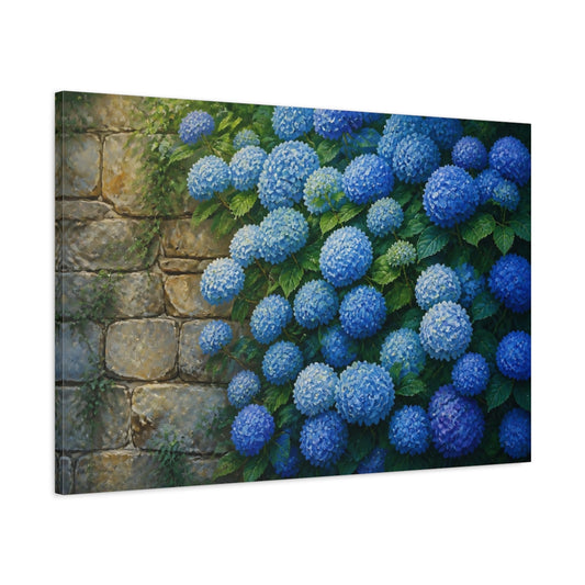 Main Mockup. Hydrangeas By Stone Wall shown as canvas print