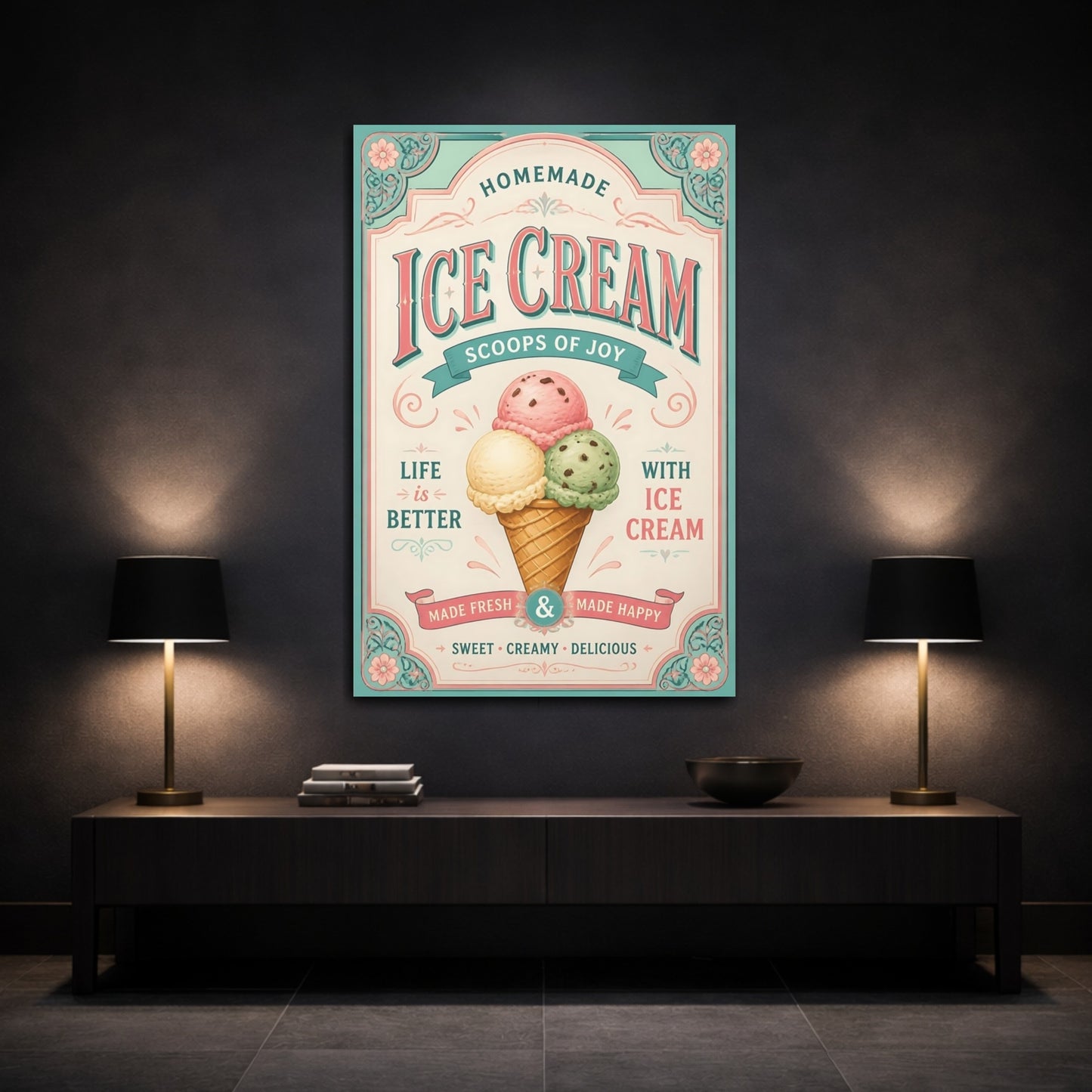 Mockup 3. Ice Cream Quotes Poster shown as canvas print