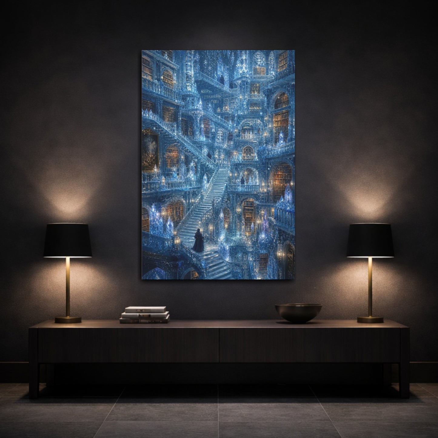 Mockup 3. Ice Crystal Library shown as canvas print