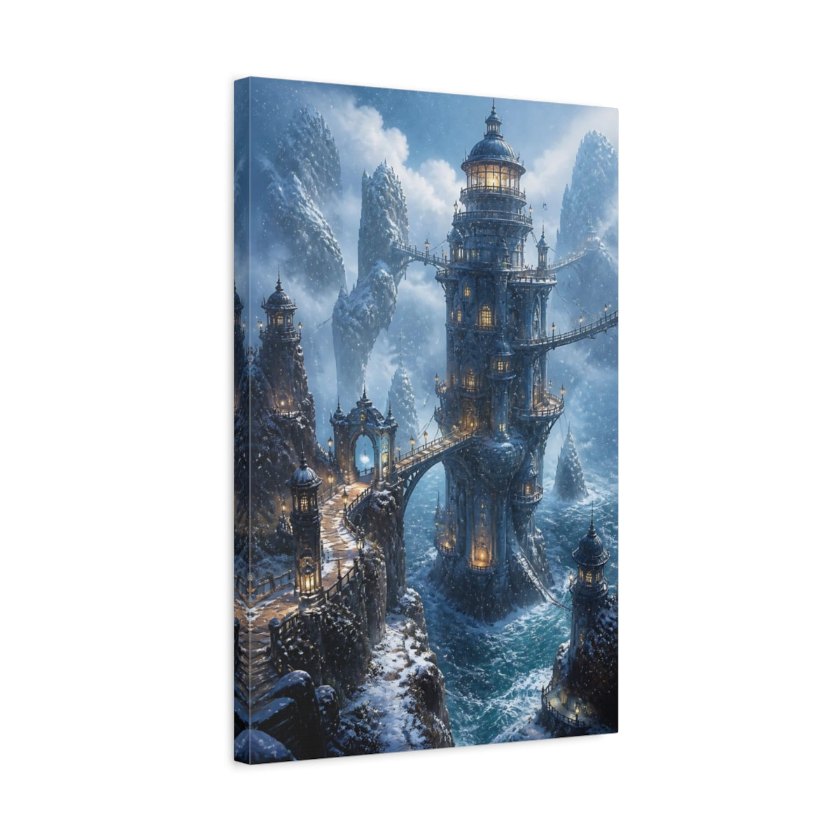 Side Mockup 3. Icy Cliffside Tower shown as canvas print