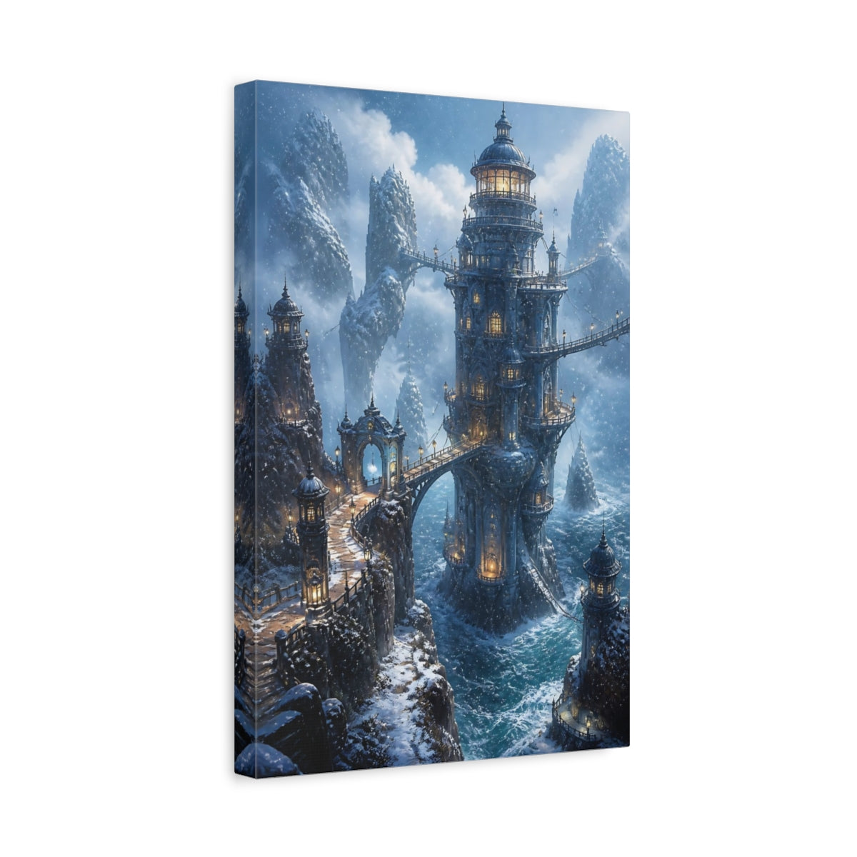 Side Mockup 4. Icy Cliffside Tower shown as canvas print