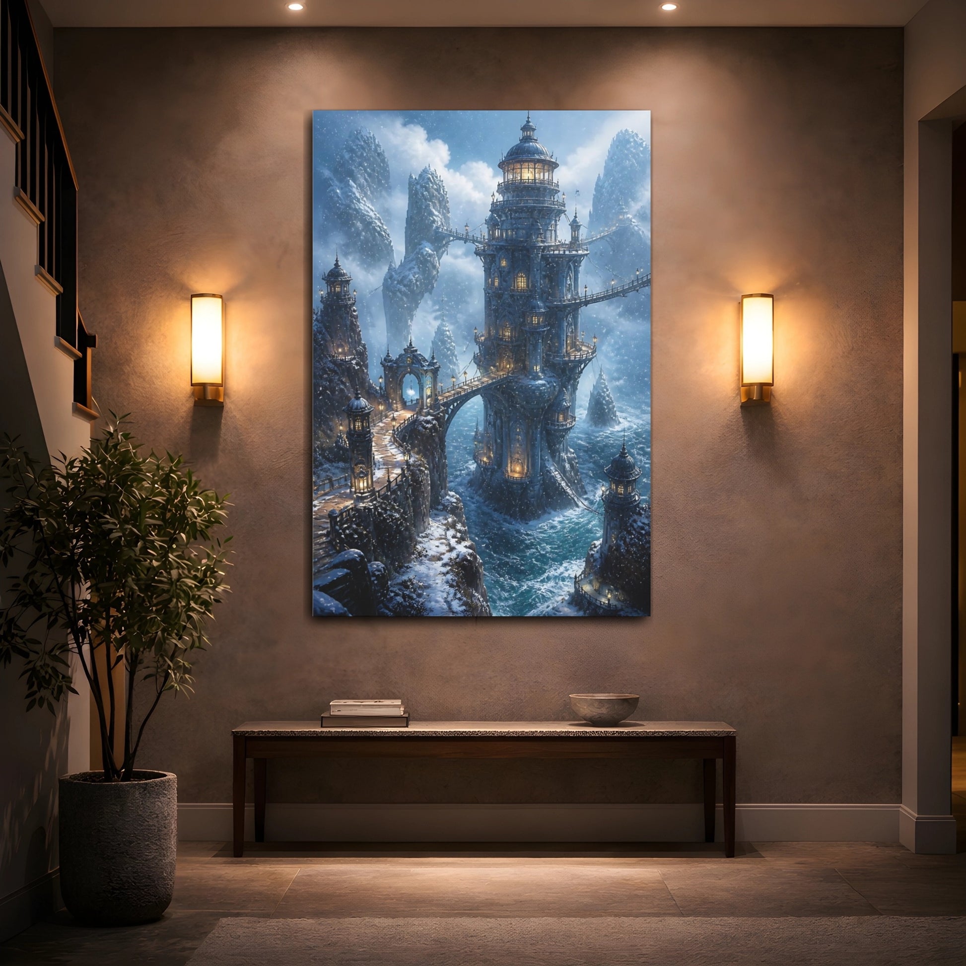 Mockup 2. Icy Cliffside Tower shown as canvas print