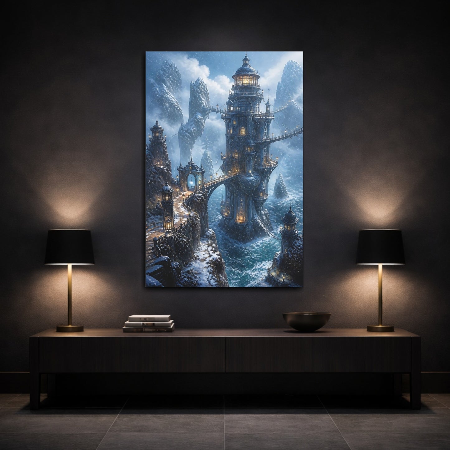 Mockup 3. Icy Cliffside Tower shown as canvas print