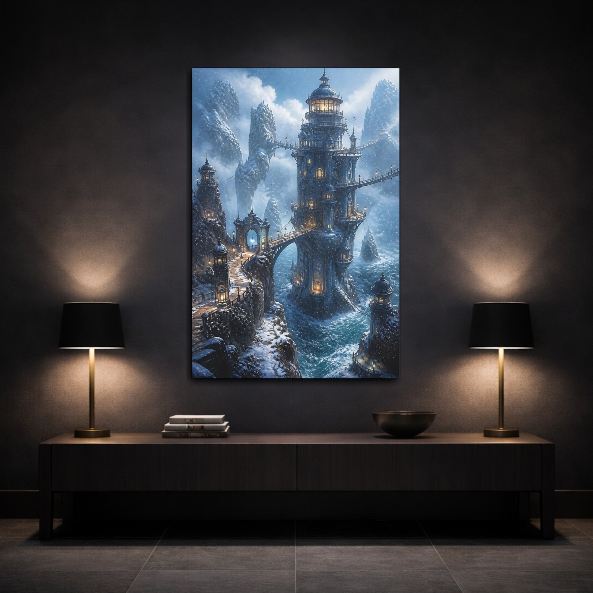 Mockup 3. Icy Cliffside Tower shown as canvas print