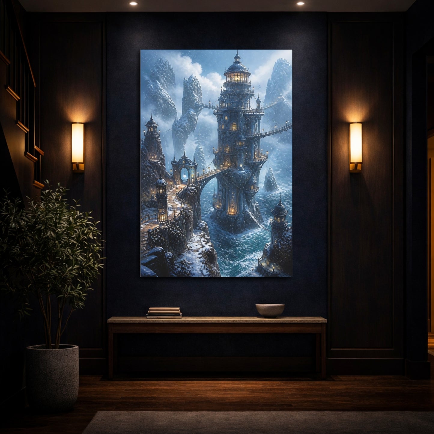 Mockup 4. Icy Cliffside Tower shown as canvas print
