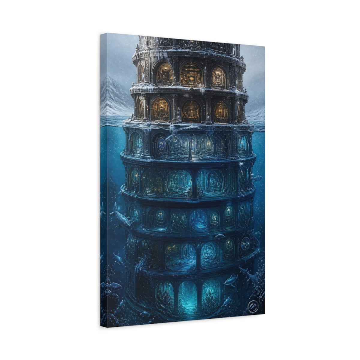 Side Mockup 3. Illuminated Underwater Tower shown as canvas print