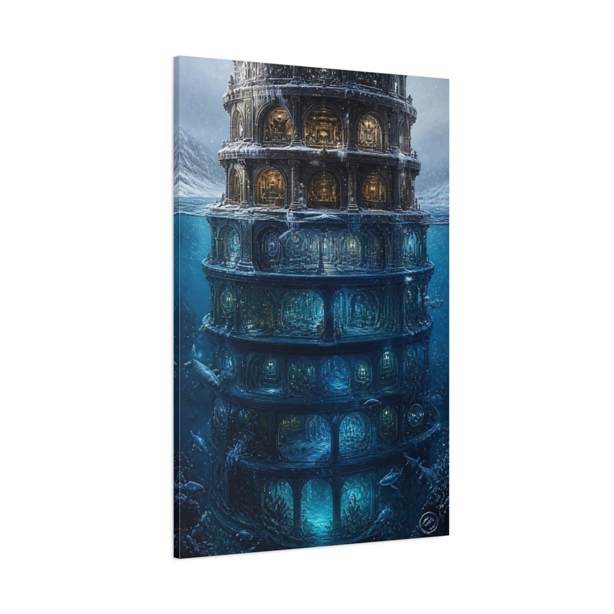Side Mockup 1. Illuminated Underwater Tower shown as canvas print