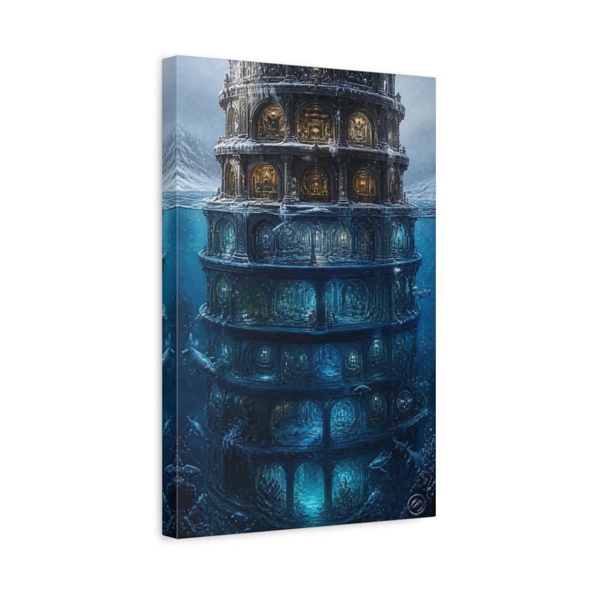 Side Mockup 4. Illuminated Underwater Tower shown as canvas print