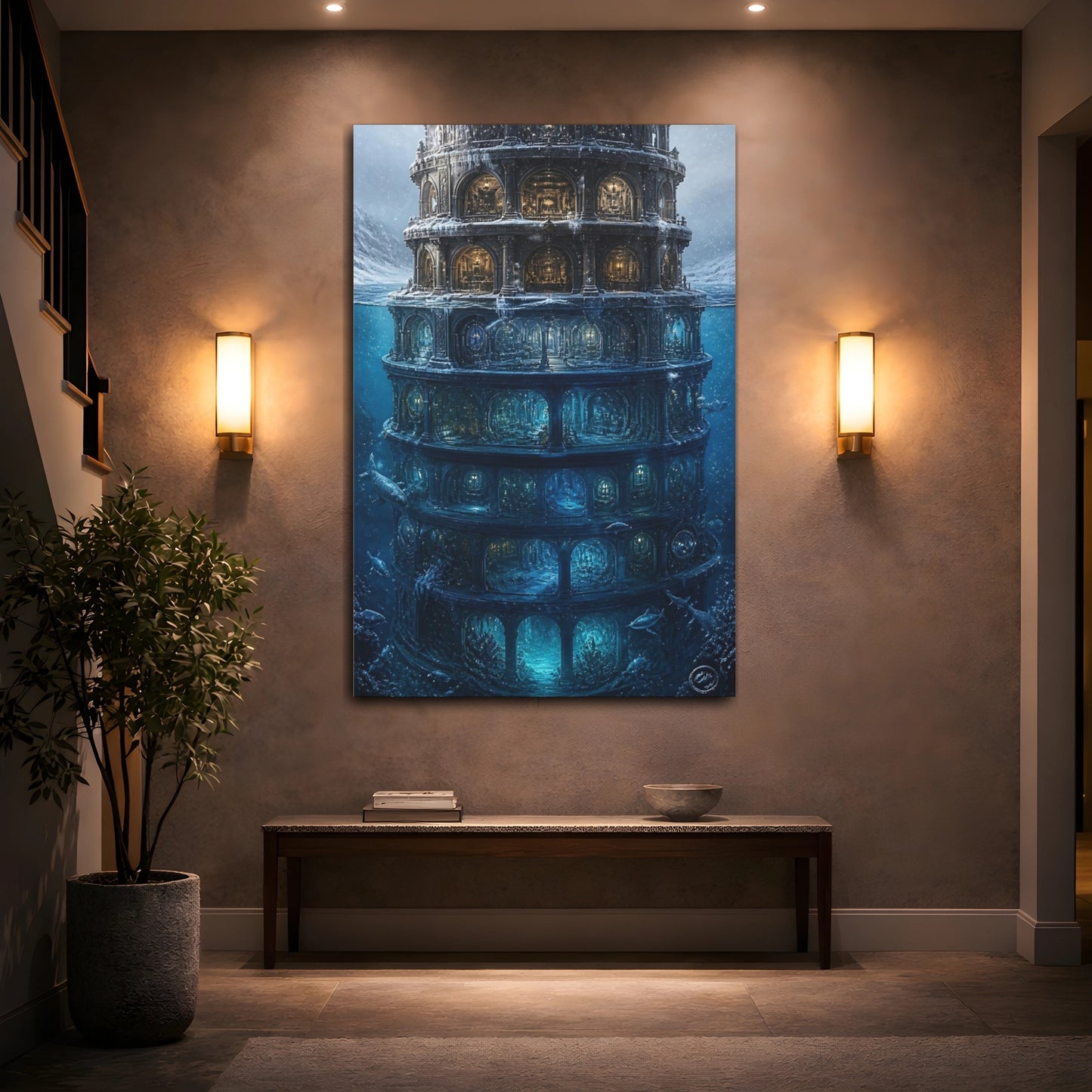 Mockup 2. Illuminated Underwater Tower shown as canvas print