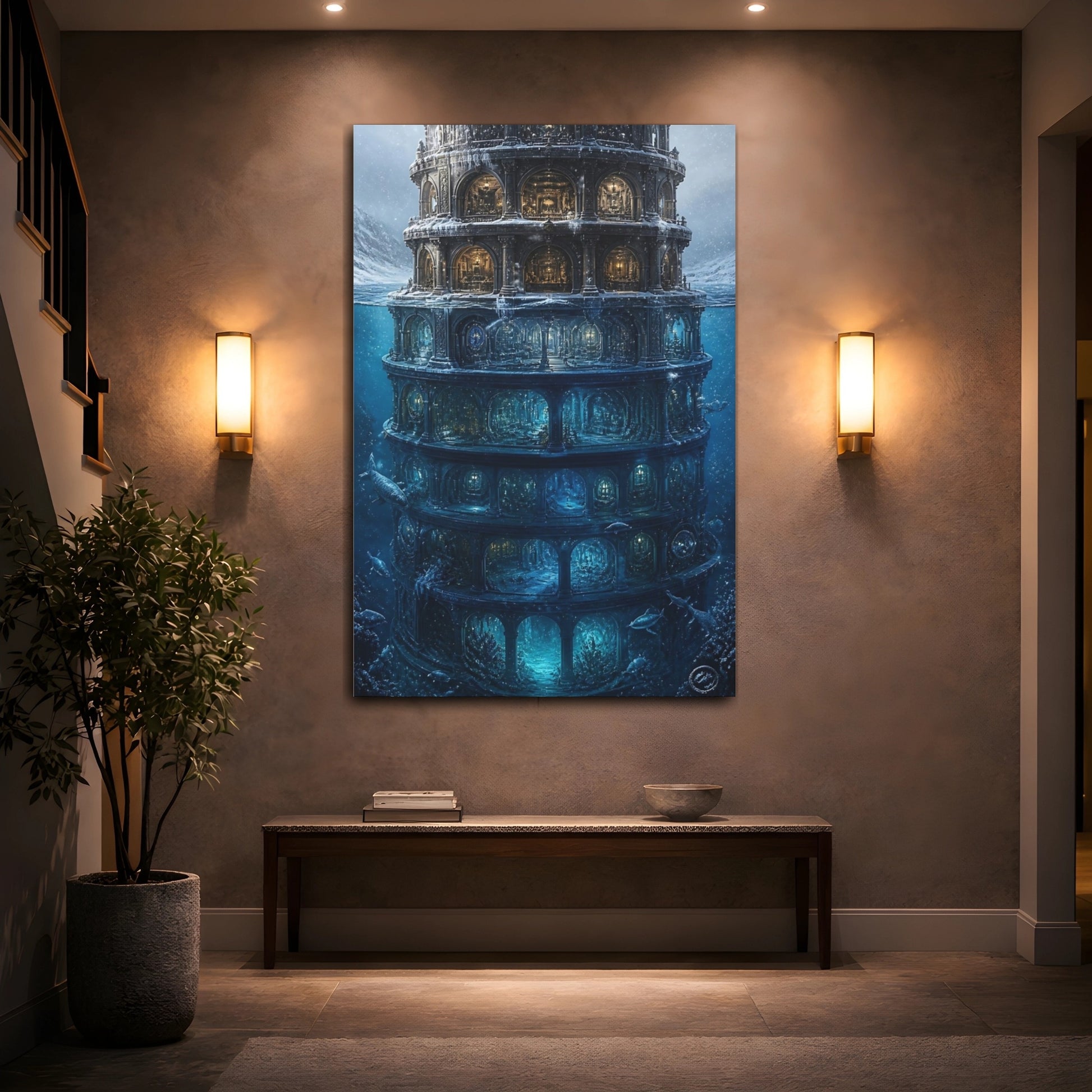 Mockup 2. Illuminated Underwater Tower shown as canvas print