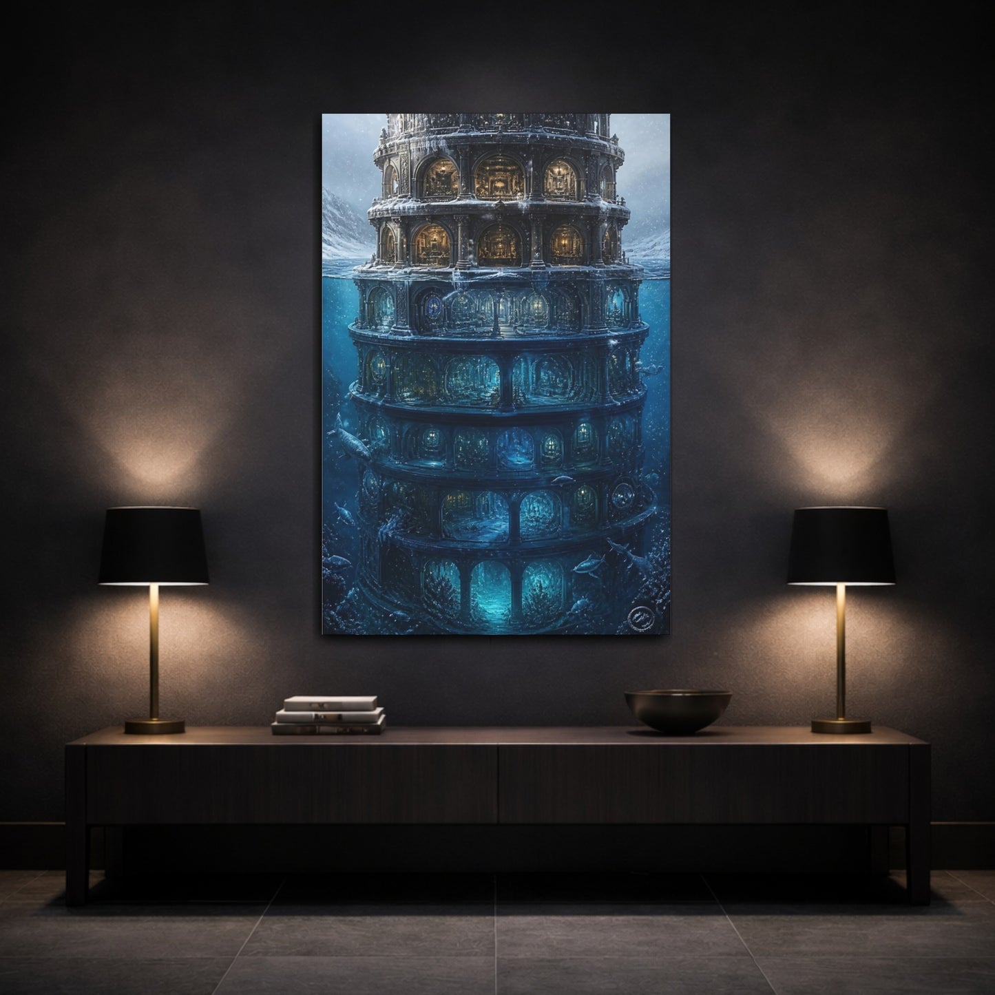 Mockup 3. Illuminated Underwater Tower shown as canvas print