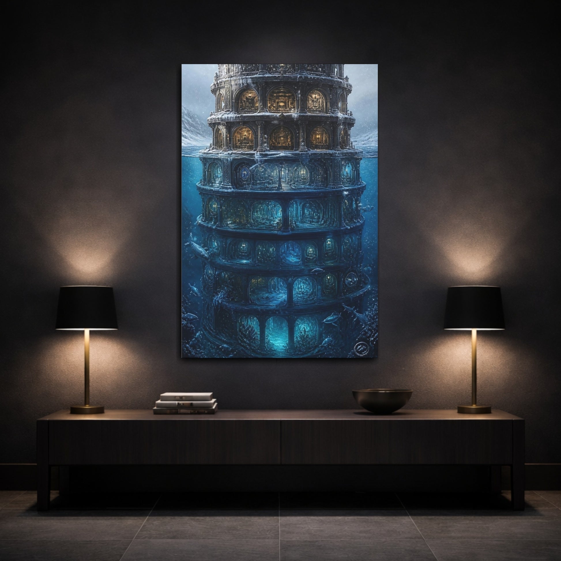 Mockup 3. Illuminated Underwater Tower shown as canvas print