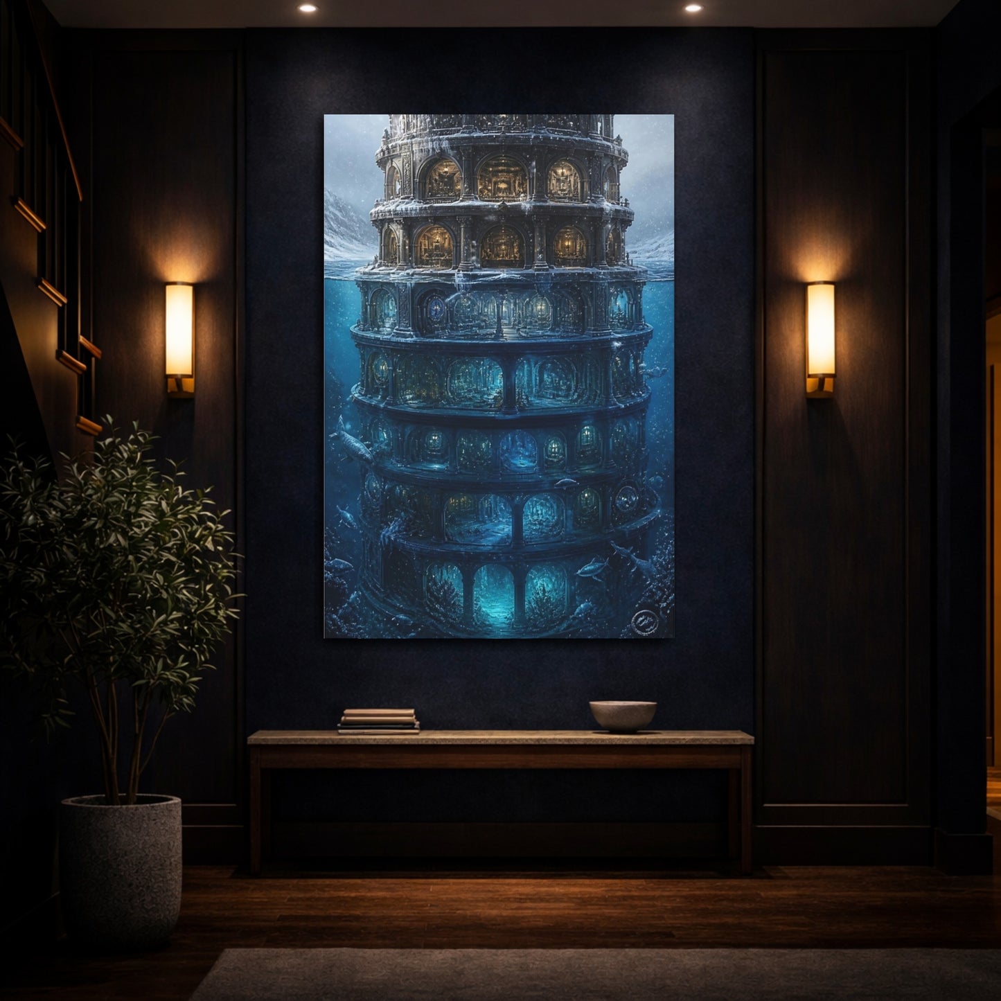 Mockup 4. Illuminated Underwater Tower shown as canvas print