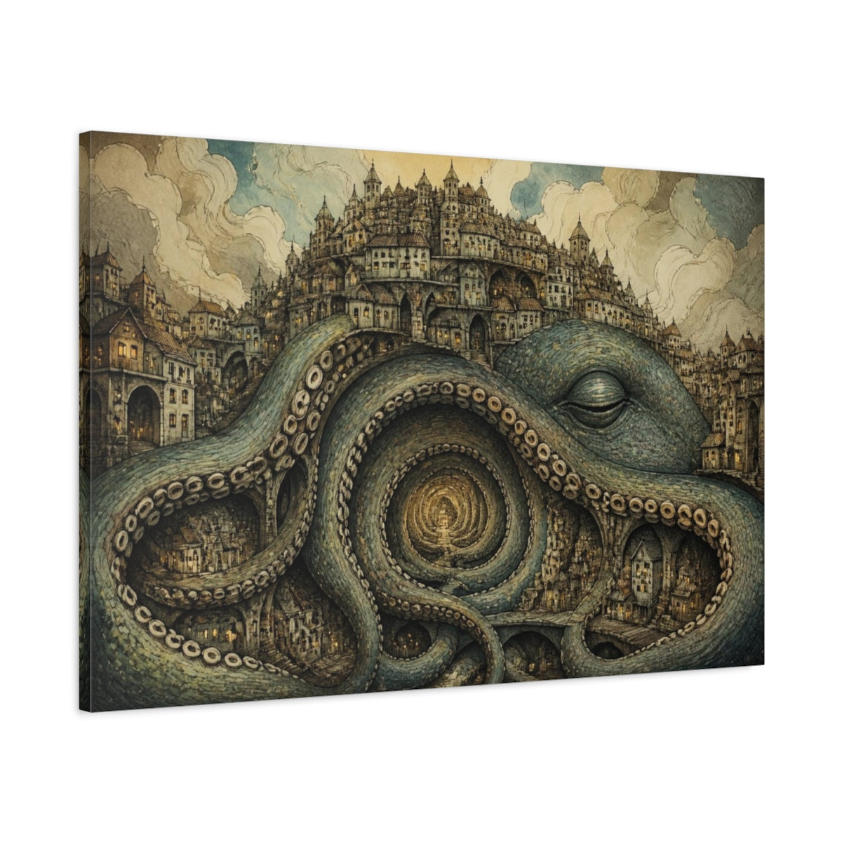 Main Mockup. Illusory Octopus City shown as canvas print