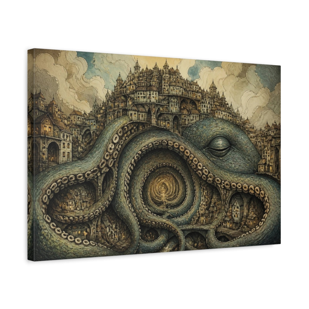 Side Mockup 3. Illusory Octopus City shown as canvas print