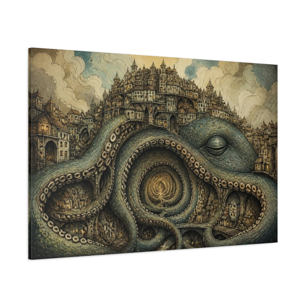 Side Mockup 1. Illusory Octopus City shown as canvas print
