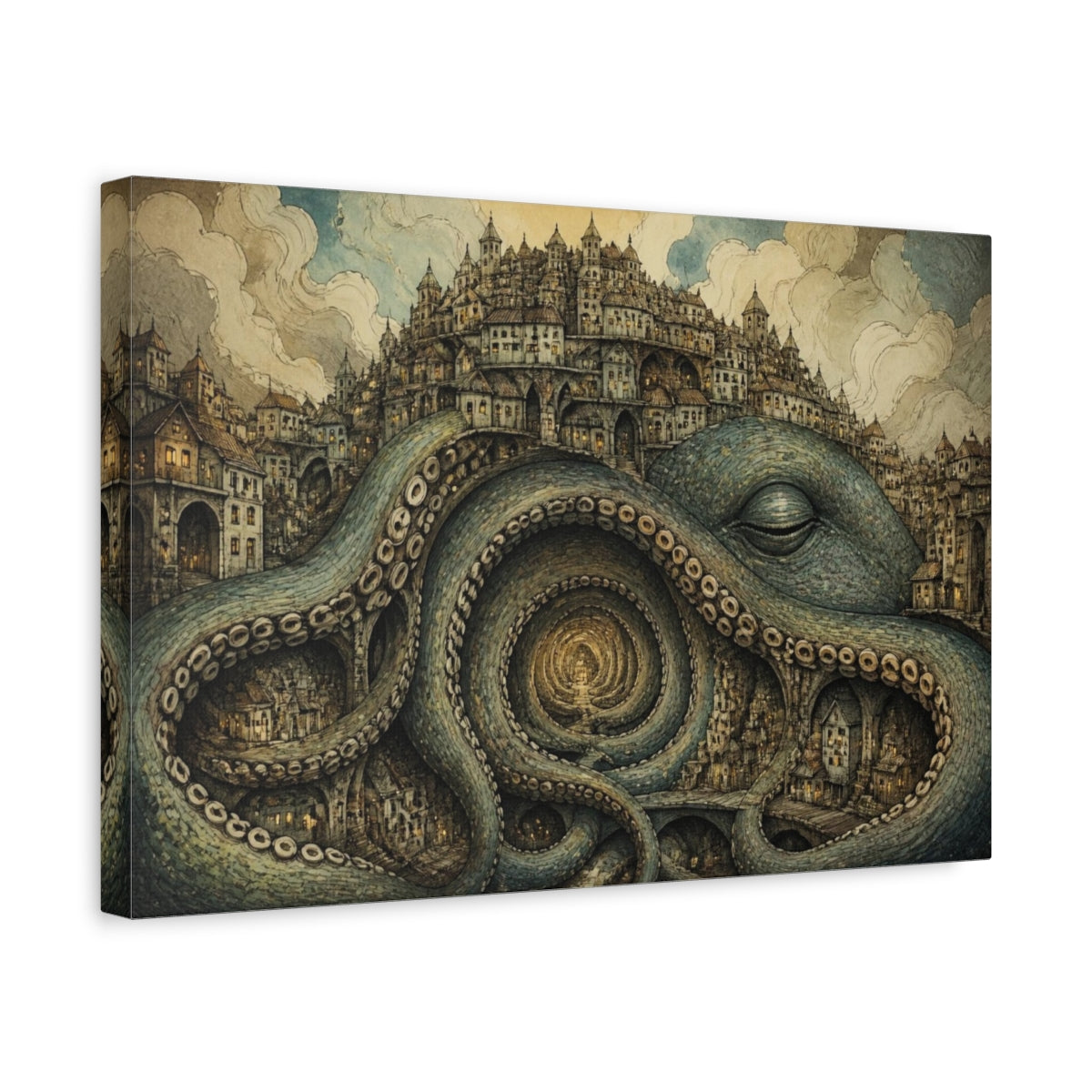 Side Mockup 4. Illusory Octopus City shown as canvas print