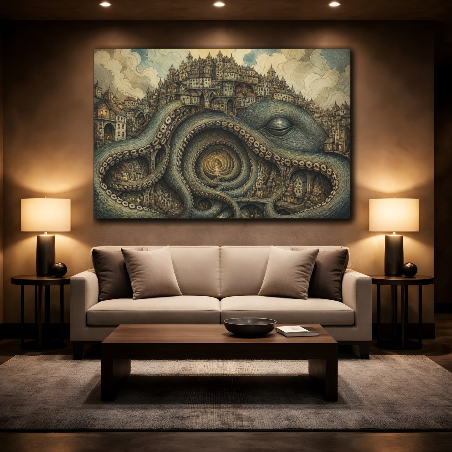 Mockup 2. Illusory Octopus City shown as canvas print