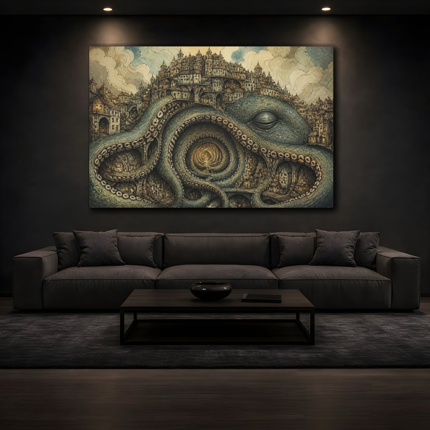 Mockup 3. Illusory Octopus City shown as canvas print