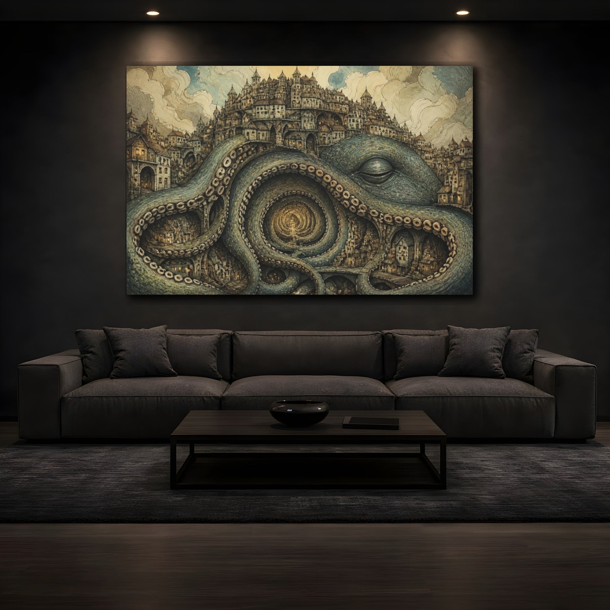 Mockup 3. Illusory Octopus City shown as canvas print