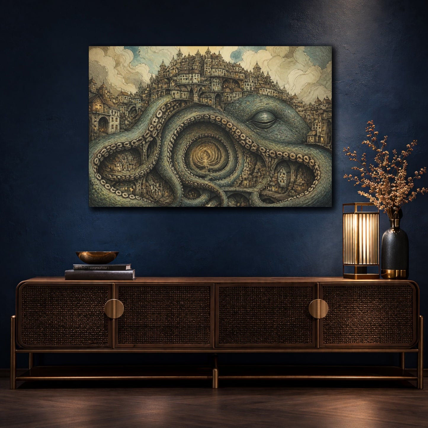 Mockup 4. Illusory Octopus City shown as canvas print