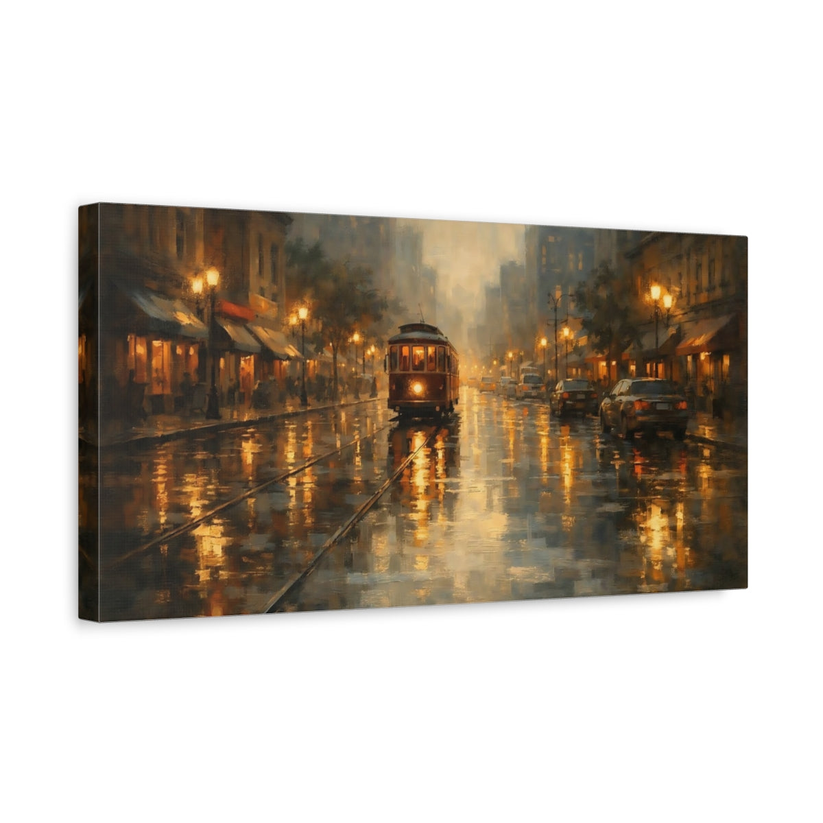 Side Mockup 3. Vintage Vintage Tram Golden City Scene shown as stretched canvas wall art
