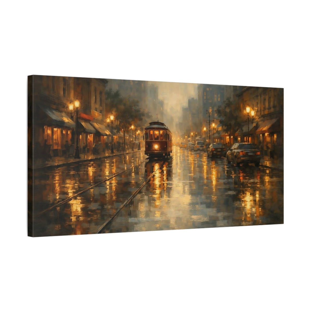 Side Mockup 2. Vintage Vintage Tram Golden City Scene shown as stretched canvas wall art
