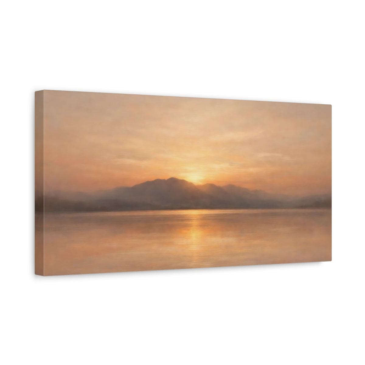 Side Mockup 3. Nature Mountain Lake Orange Sunset Landscape shown as stretched canvas wall art