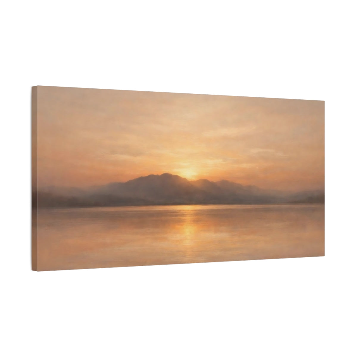 Side Mockup 2. Nature Mountain Lake Orange Sunset Landscape shown as stretched canvas wall art