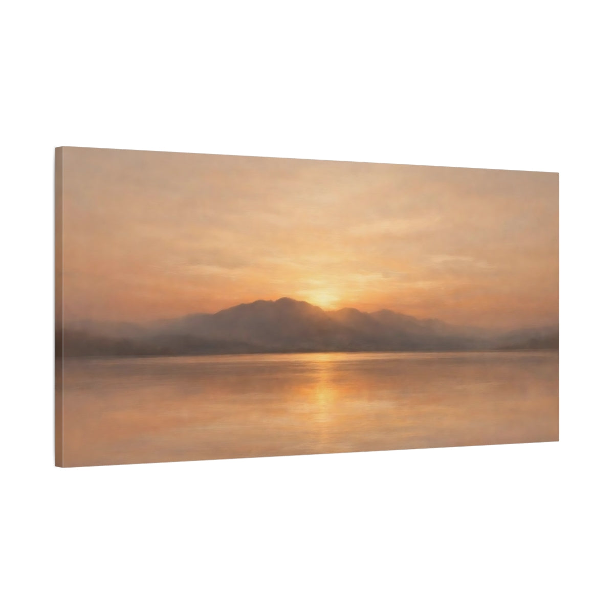 Side Mockup 1. Nature Mountain Lake Orange Sunset Landscape shown as stretched canvas wall art