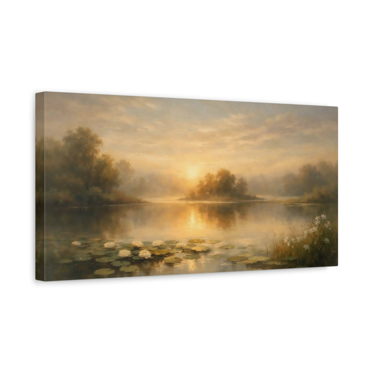 Side Mockup 3. Nature Water Lilies Golden Lake Sunset shown as stretched canvas wall art