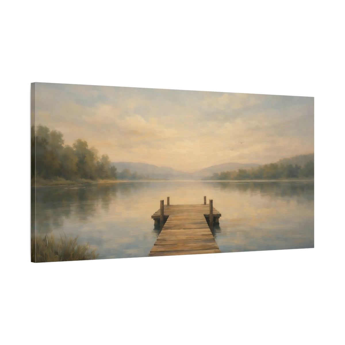 Side Mockup 1. Nature Wooden Dock Soft Lake Landscape shown as stretched canvas wall art