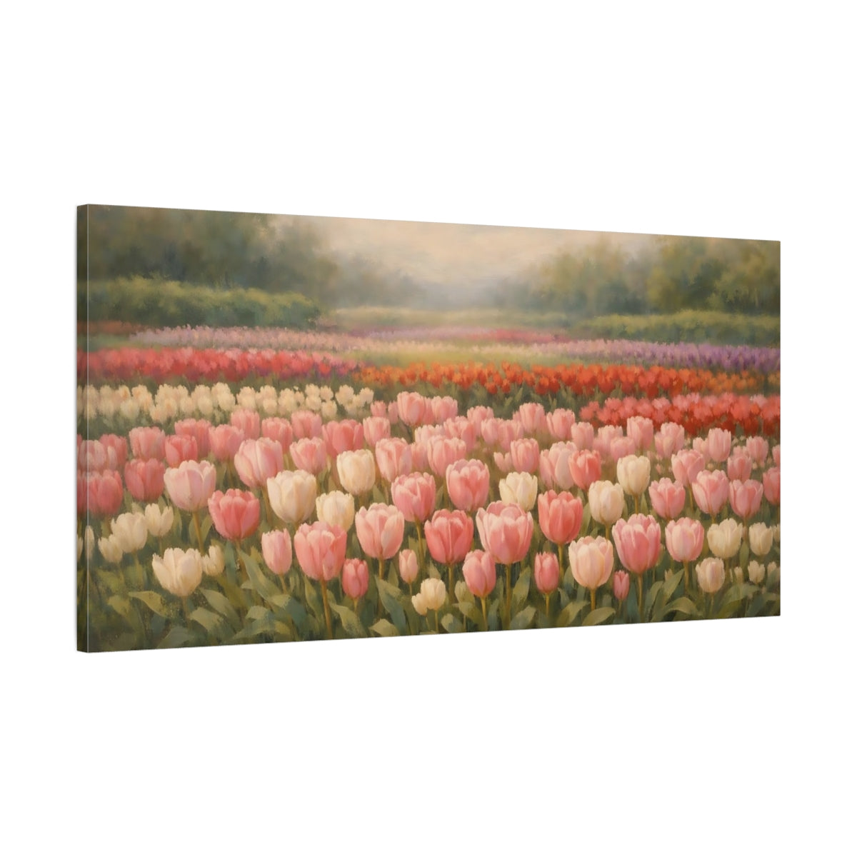 Side Mockup 1. Floral Tulip Field Pink Tulips Field shown as stretched canvas wall art