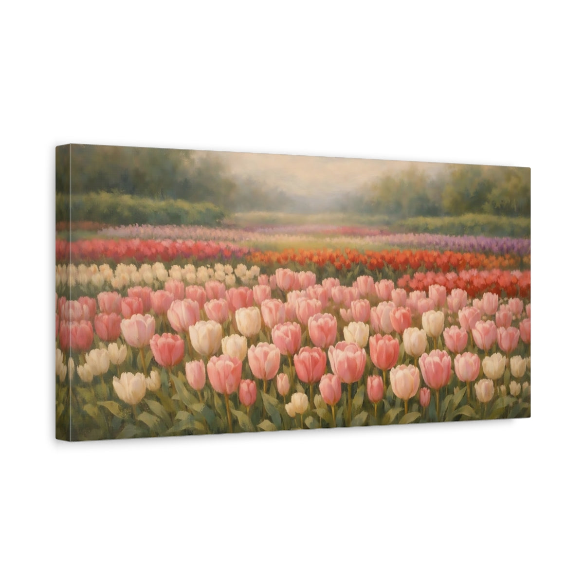 Side Mockup 3. Floral Tulip Field Pink Tulips Field shown as stretched canvas wall art