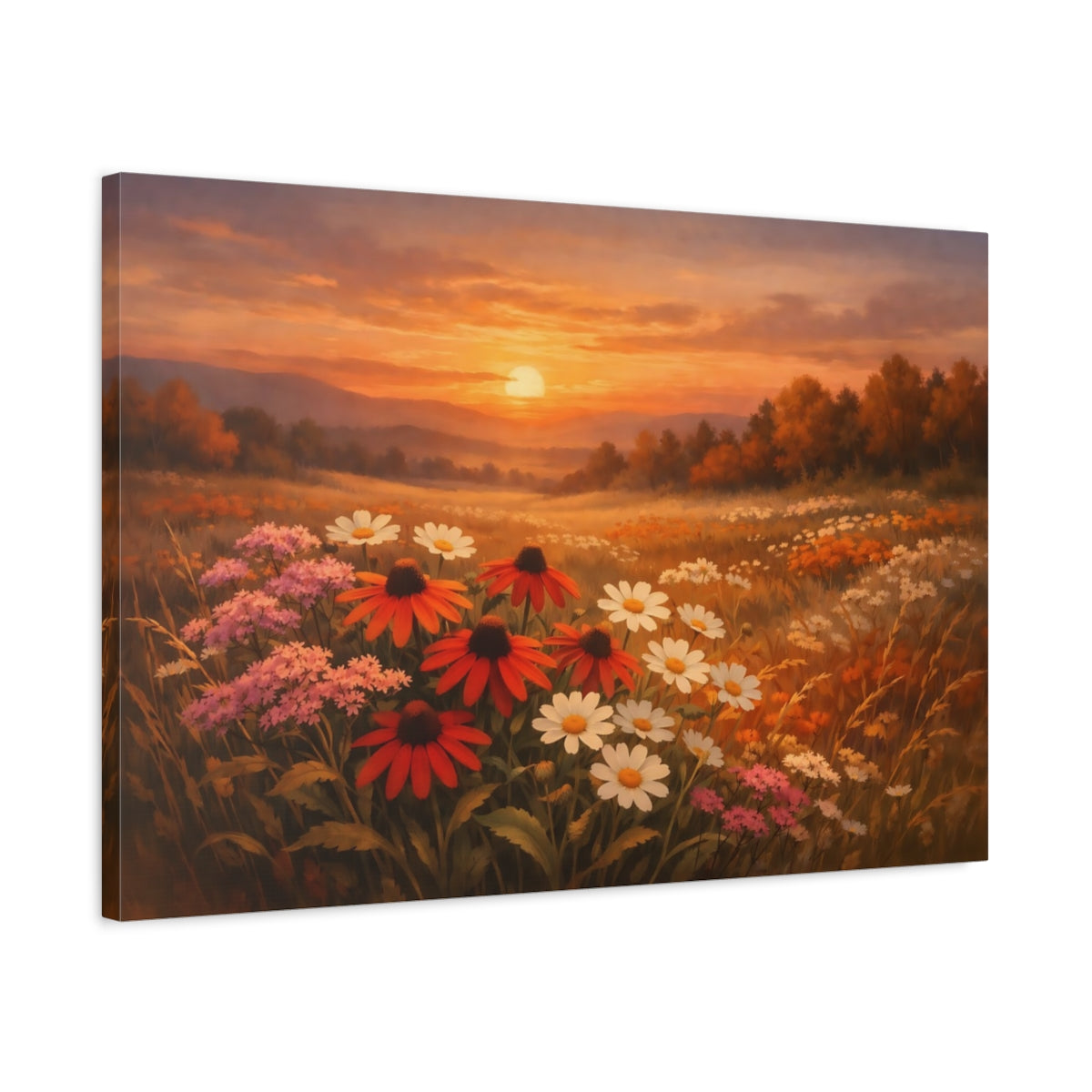 Side Mockup 2. Nature Wildflowers Sunset Flower Field shown as stretched canvas wall art