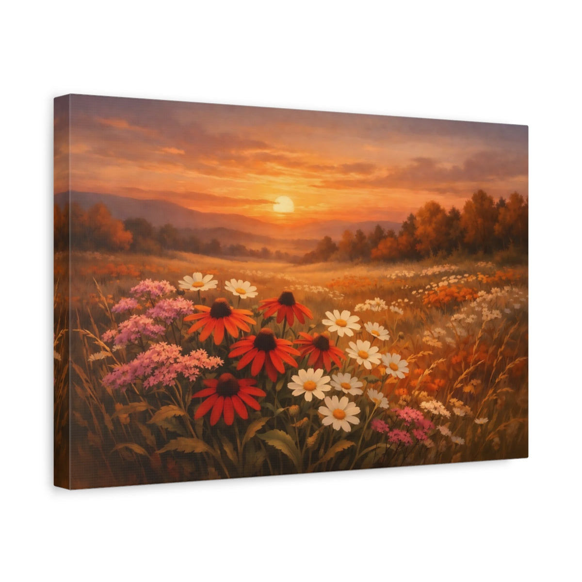 Side Mockup 4. Nature Wildflowers Sunset Flower Field shown as stretched canvas wall art