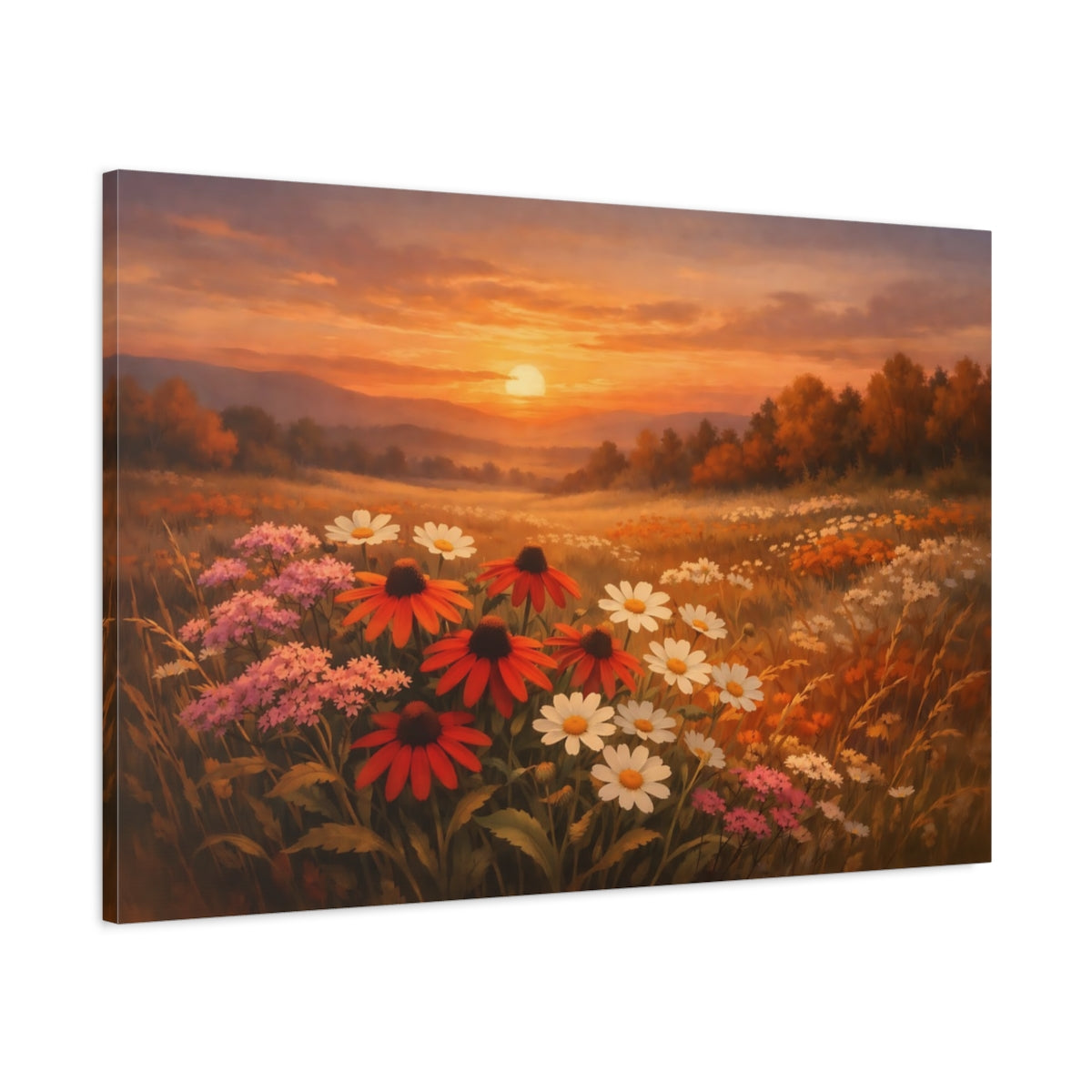 Side Mockup 1. Nature Wildflowers Sunset Flower Field shown as stretched canvas wall art