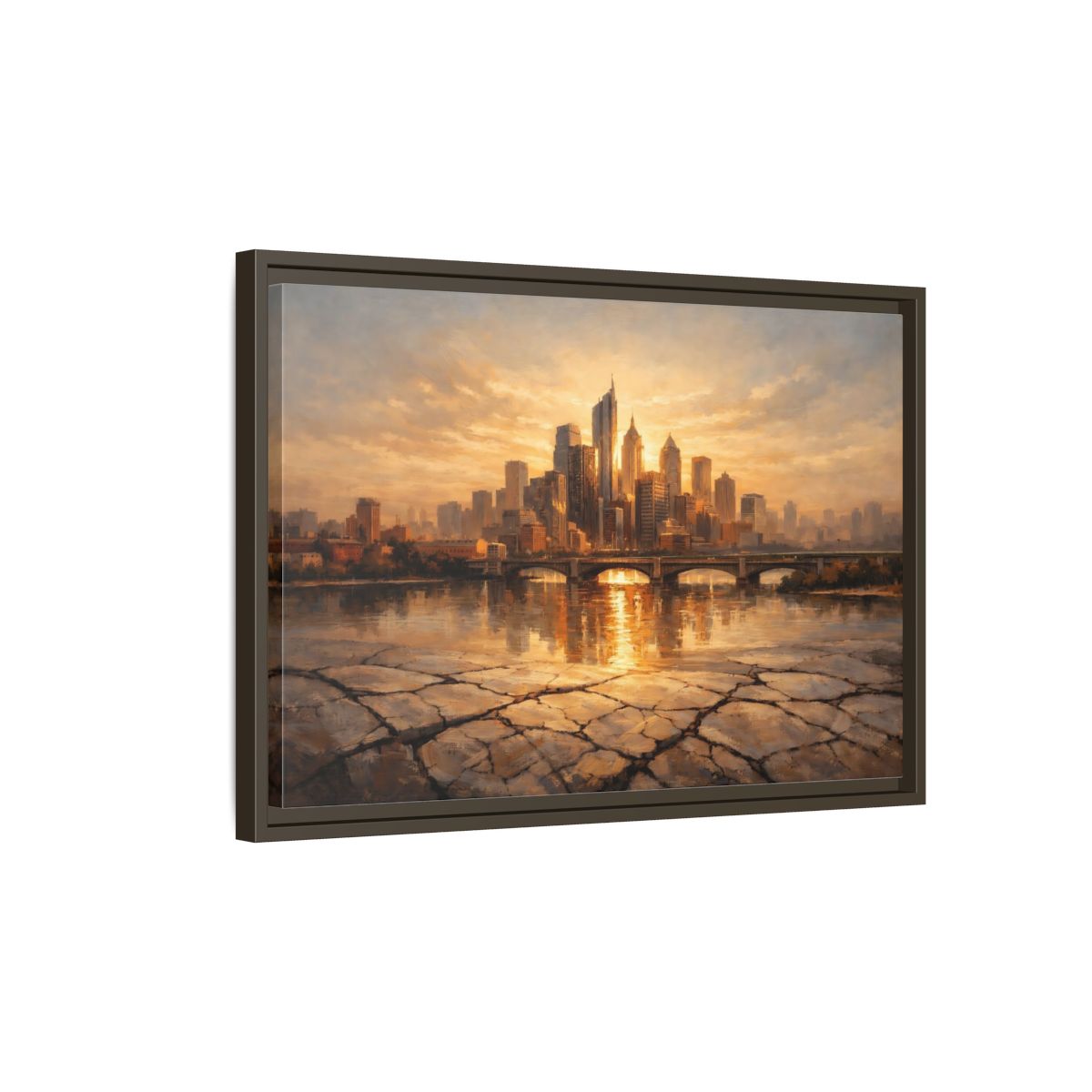 Side Mockup 2. Vintage Cityscape Golden Cityscape shown as stretched canvas wall art