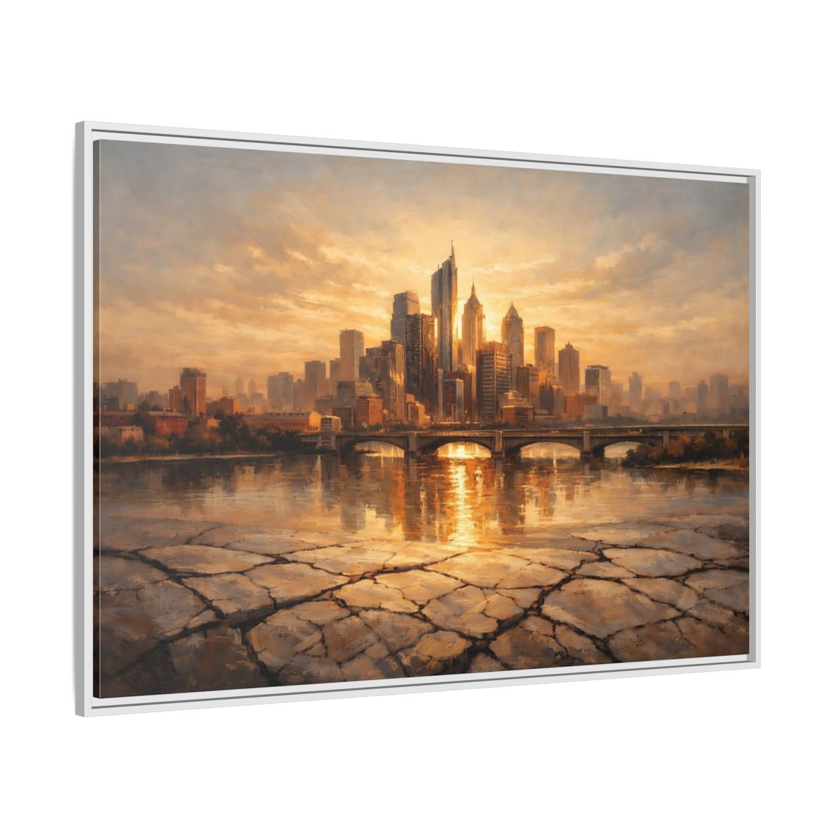 Side Mockup 7. Vintage Cityscape Golden Cityscape shown as stretched canvas wall art