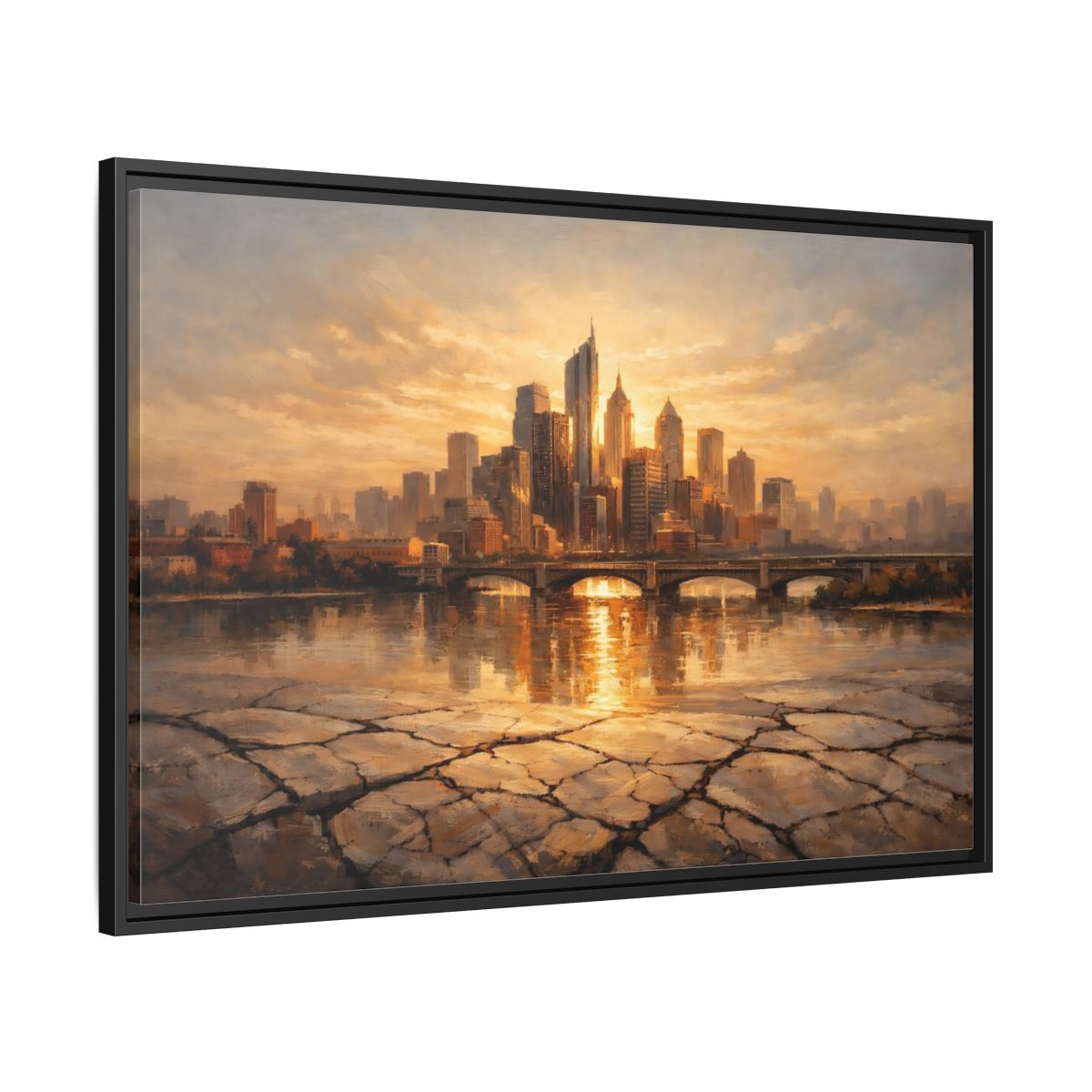 Side Mockup 13. Vintage Cityscape Golden Cityscape shown as stretched canvas wall art